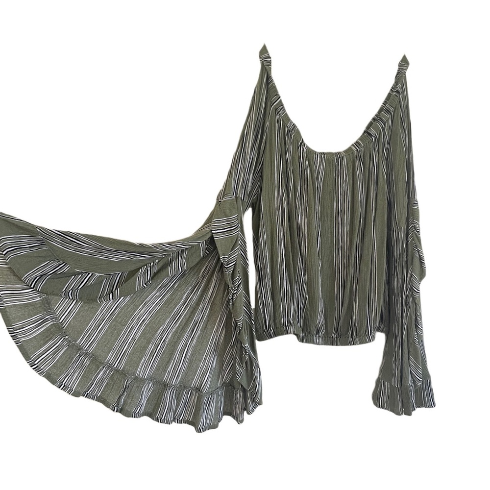 Altered State Green Black White Stripe Flowy Bell Sleeve Crop Off Shoulder Top